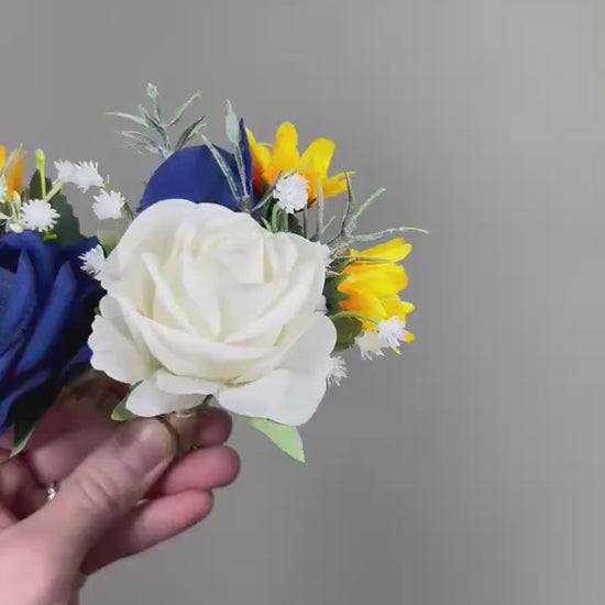 Blue Yellow Bouquet Wedding Bridal Cascade Bouquet Royal Blue White Bouquet Cascading Bridesmaids Yellow Bouquet Royal Blue Navy