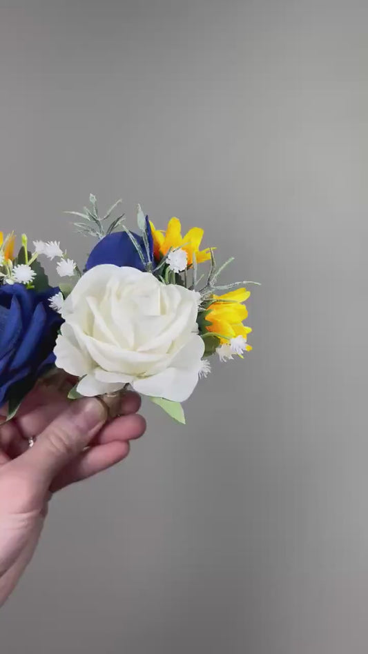 Blue Yellow Bouquet Wedding Bridal Cascade Bouquet Royal Blue White Bouquet Cascading Bridesmaids Yellow Bouquet Royal Blue Navy