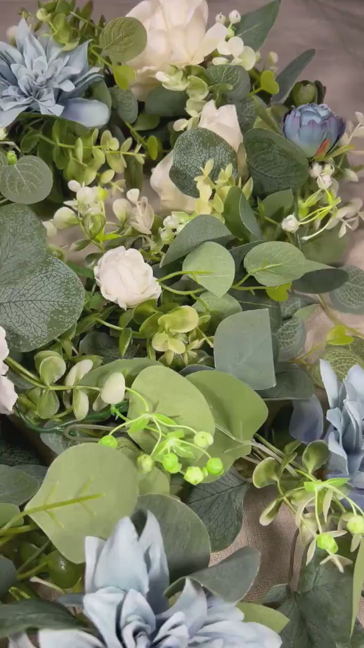 White Blue Garland Wedding Table Runner Aisle Arrangement Arch Dusty Blue Silver Dollar Eucalyptus Decoration Blue Table Runner Greenery