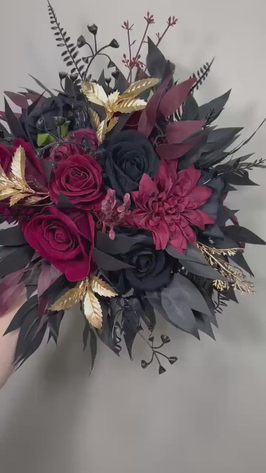 Wedding Bouquet Black Burgundy Bridal Wedding Gothic Gold Halloween Bouquet Black Decor Burgundy Handmade Artificial Flower  Bridesmaids