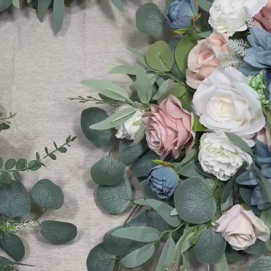 Dusty Blue White Arch Arrangements Wedding Pink Dusty Blue Arbor Arrangement Blush Blue Ivory Wall Decor Pink Blue Swag Arch Arrangements