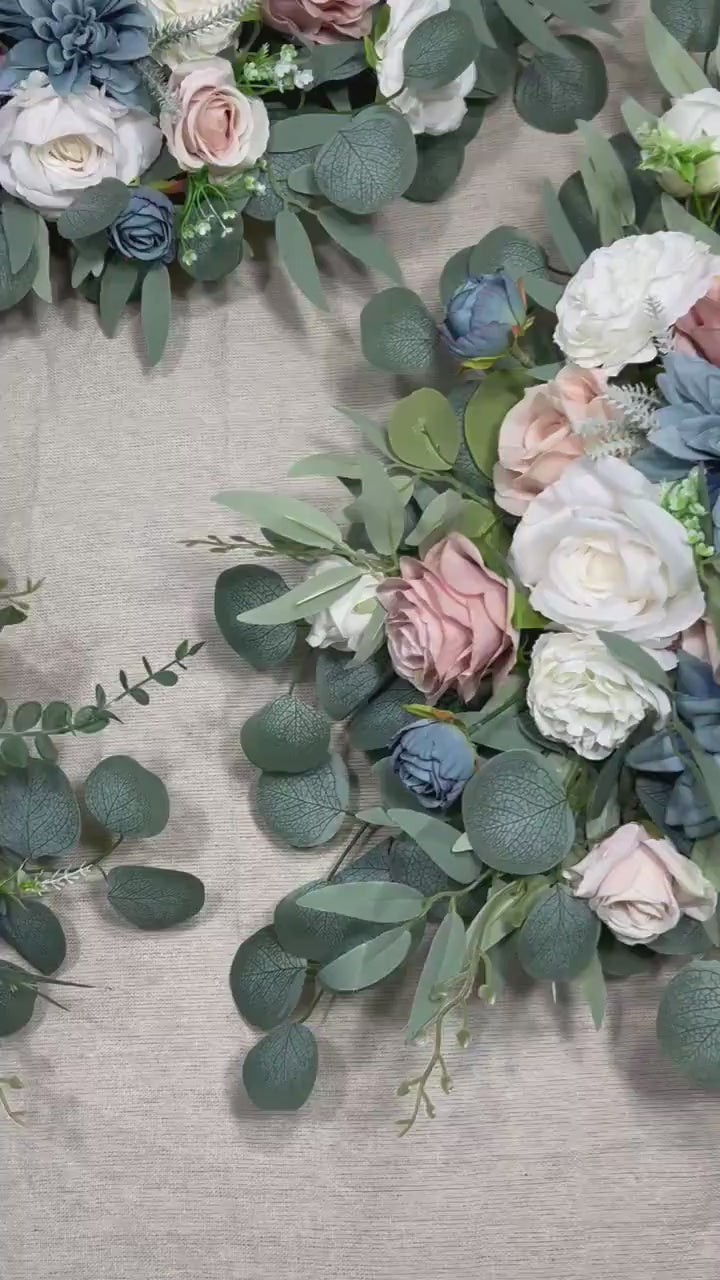 Dusty Blue White Arch Arrangements Wedding Pink Dusty Blue Arbor Arrangement Blush Blue Ivory Wall Decor Pink Blue Swag Arch Arrangements