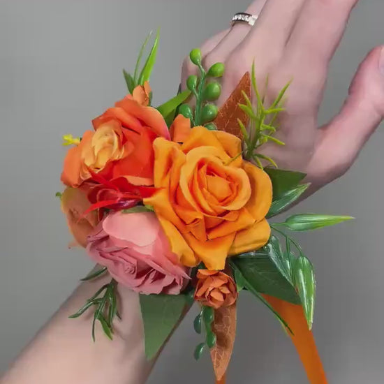 Orange Corsage Coral Wedding Bridesmaids Mother Bright Burnt Orange Tropical Peach Prom Wrist Corsage Eucalyptus Artiticial Flower