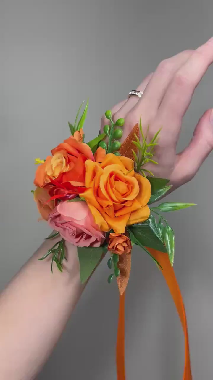 Orange Corsage Coral Wedding Bridesmaids Mother Bright Burnt Orange Tropical Peach Prom Wrist Corsage Eucalyptus Artiticial Flower