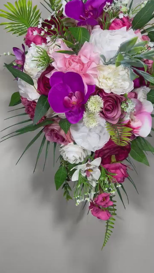 Tropical Bouquet Wedding Fuchsia Orchid Bridesmaids Bouquet Hot Pink Purple Cascade  Bouquet Beach White Viva Magenta Artificial Flowrr