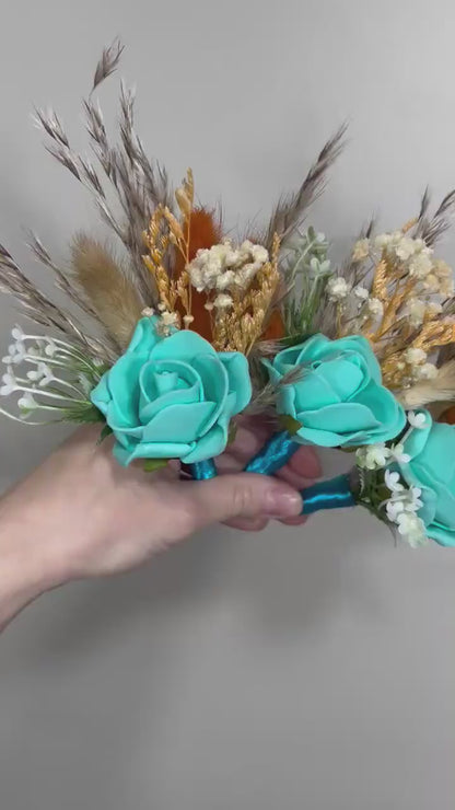 Boutonniere Turquoise Wedding Groom Teal Boutonnière Terracotta Orange Groomsmen Blue Boutonnière Rust Groom Aque Blue Artificial Flowers