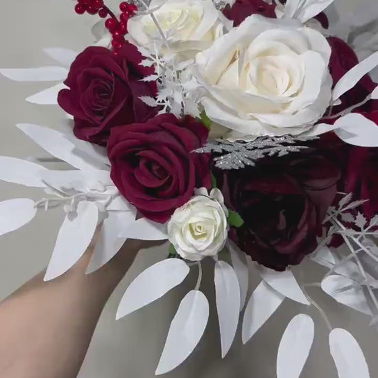 Wedding Christmas Bouquet Burgundy Bridal White Rustic Bouquet Bridesmaids Burgundy White Winter Gold Silver Ivory Artificial Flower Winter
