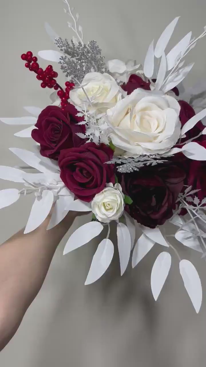Wedding Christmas Bouquet Burgundy Bridal White Rustic Bouquet Bridesmaids Burgundy White Winter Gold Silver Ivory Artificial Flower Winter