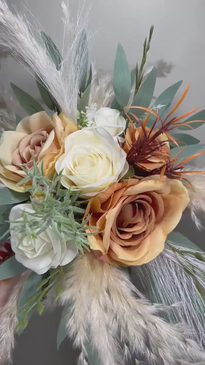 Orange Bouquet Bridal Bouquet White Burnt Orange Ivory Bridesmaids Bouquet Rust Pampas Grass Terracotta Eucalyptus Artificial Flower