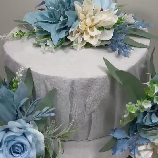 Dusty Blue Cake Decor Wedding White Dusty Blue Cake Topper Flower Dahlia Cake Arrangement Flower White Sky Blue Artificial Flower Cake Decor