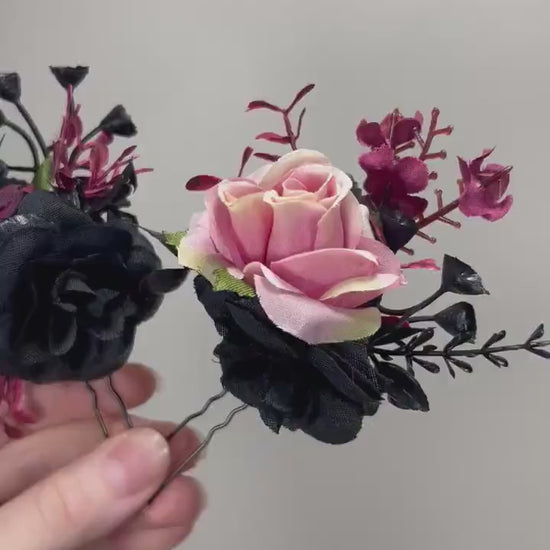 Black Hair Comb Wedding Burgundy Flower Girl Hairpiece Gothic Floral Hair Comb Decorative Black Accessories Dusty Rose Artificial Flower