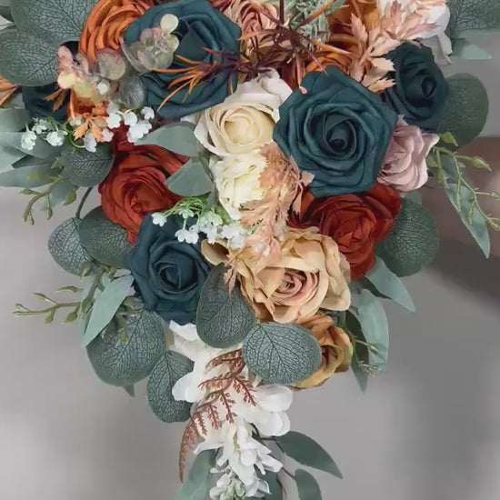 Dark Teal Orange Bouquet Wedding Bridal Cascade Bouquet Rust Teal Dusty Rose Bouquet Dark Teal Terracotta Blush Burnt Orange Eucalyptus