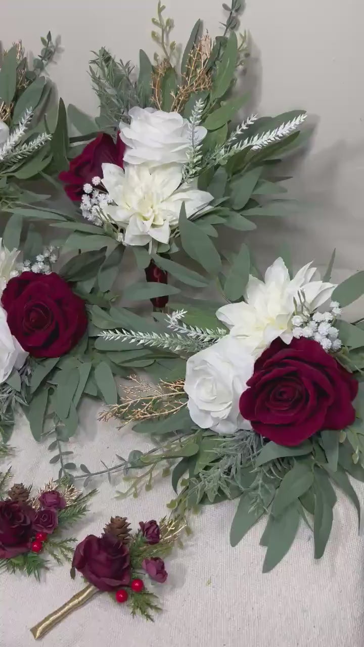 White Burgundy Winter Bouquet Small Bridesmaids Petite Christmas Bouquet Eucalyptus Holiday Ivory Wine Red Baby Breath Artificial Flowers