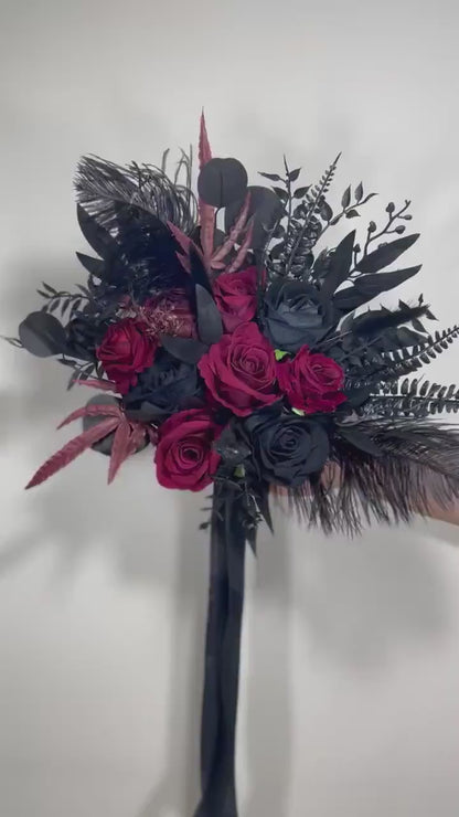 Wedding Bouquet Black Ostrich Feathers Burgundy Bridal Gothic Wedding Halloween Bouquet Bridesmaids Black Decor Burgundy Artificial Flowers