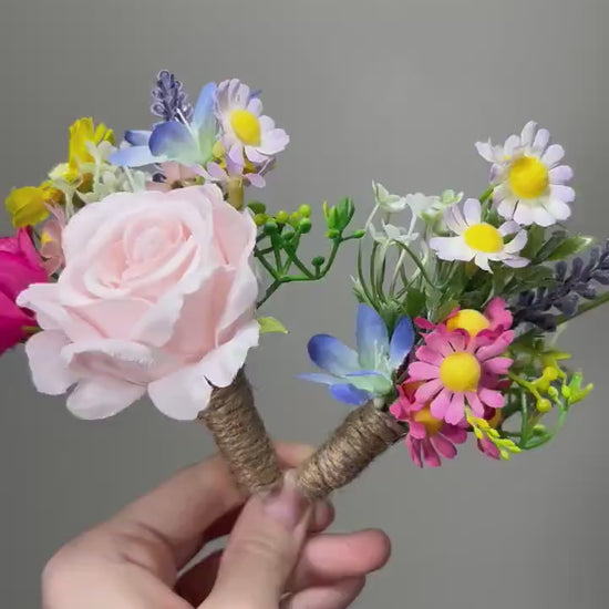 Wedding Boutonniere Wild Flower Groom Pink Groomsmen Boutonnière Hot Pink Blue Boutonniere White Lavender  Artificial Flower Wild Camomile