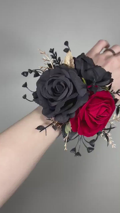 Black Corsage Red Wedding Gothic Wrist Corsage Bridesmaids Corsage Mom Black Corsage Red Gold Accessories Artiticial Flower