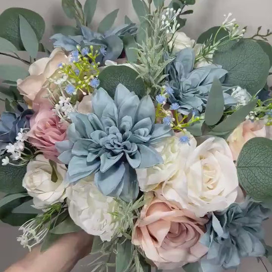 Blue Pink Bouquet Wedding Bridal Bouquet Dusty Blue White Bouquet Ivory Bridesmaids Blush Dusty Blue Bouquet Dusty Rose Artificial Flower