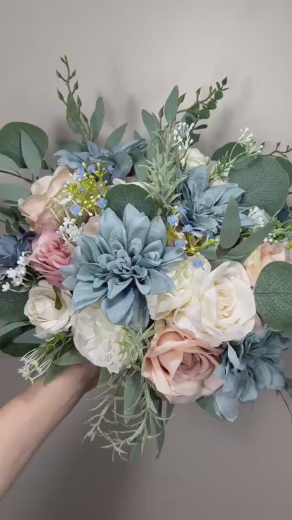 Blue Pink Bouquet Wedding Bridal Bouquet Dusty Blue White Bouquet Ivory Bridesmaids Blush Dusty Blue Bouquet Dusty Rose Artificial Flower
