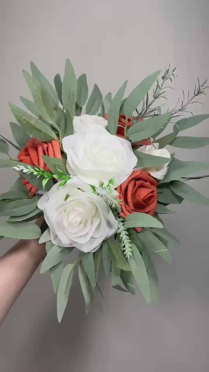 Burnt Orange Ivory Bouquet Wedding Bridesmaids Bouquet Terracotta Bouquet Rust Burnt Orange Bouquet Sage Boho Artificial Flower