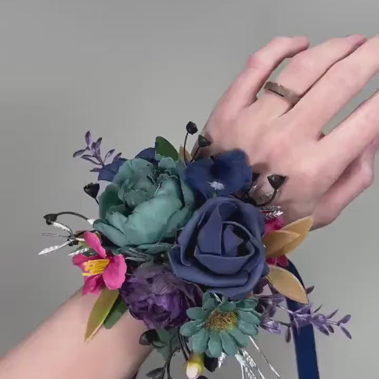Jewel Tone Corsage Wedding Teal Navy Blue Wrist Cosage Plum Magenta Corsage Bridesmaids Purple Dark Teal Fuchsia Corsage Prom Dark Blue