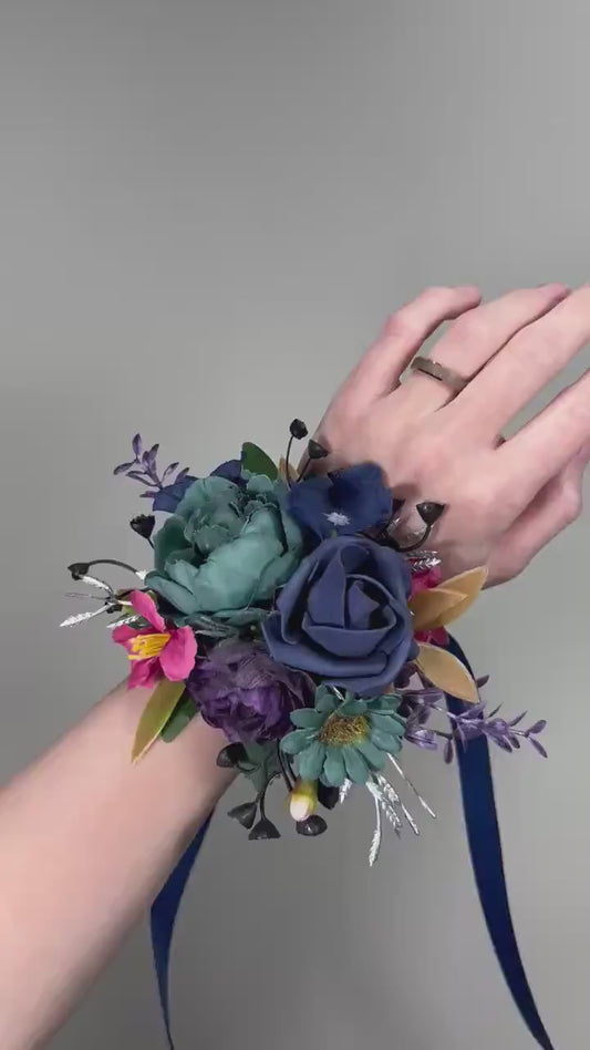 Jewel Tone Corsage Wedding Teal Navy Blue Wrist Cosage Plum Magenta Corsage Bridesmaids Purple Dark Teal Fuchsia Corsage Prom Dark Blue