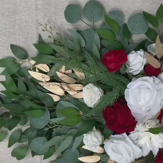 Christmas Arch Arrangement Wedding White Red Arbor Arrangement Winter Holiday Backdrop Flowers Artificial Ivory Gold Evergreen Pine Cones