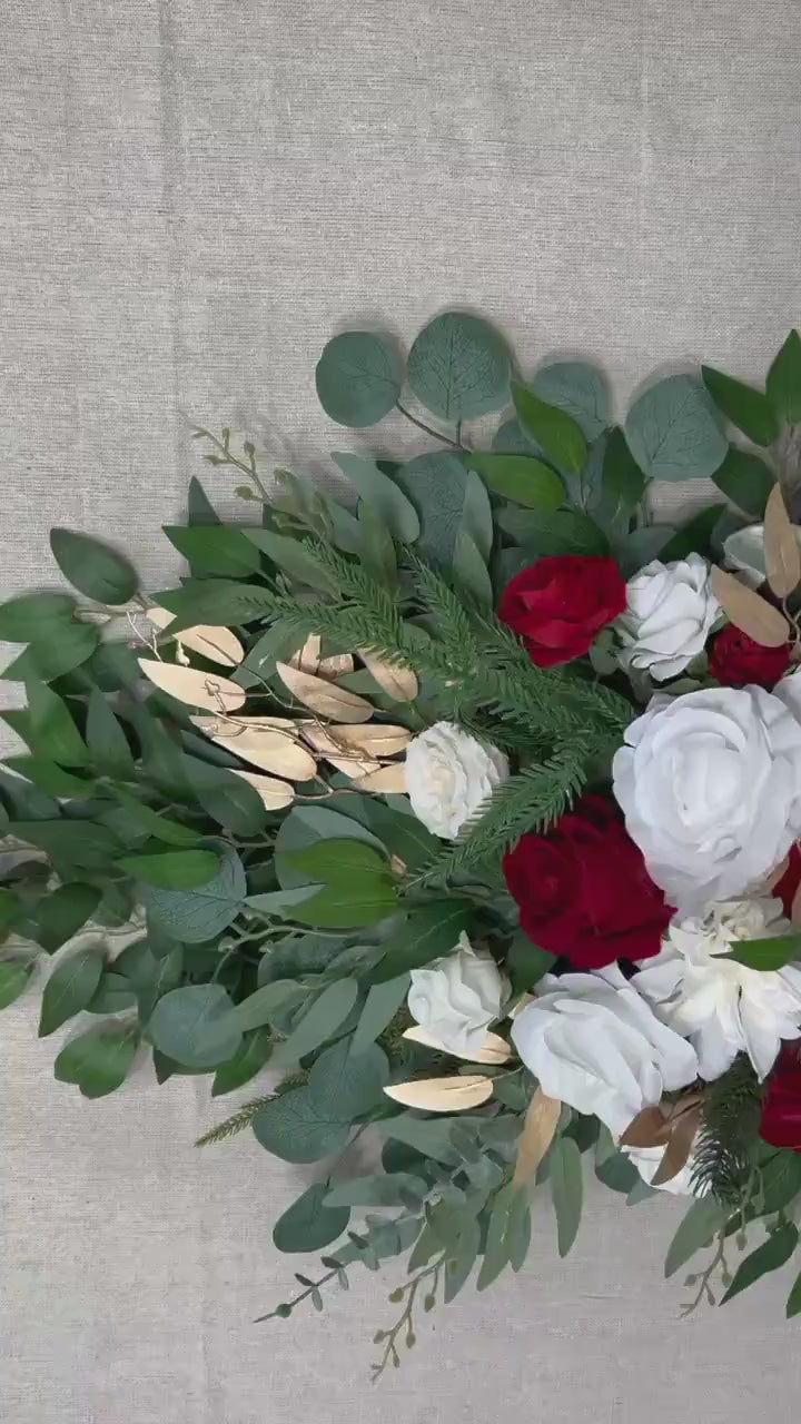 Christmas Arch Arrangement Wedding White Red Arbor Arrangement Winter Holiday Backdrop Flowers Artificial Ivory Gold Evergreen Pine Cones