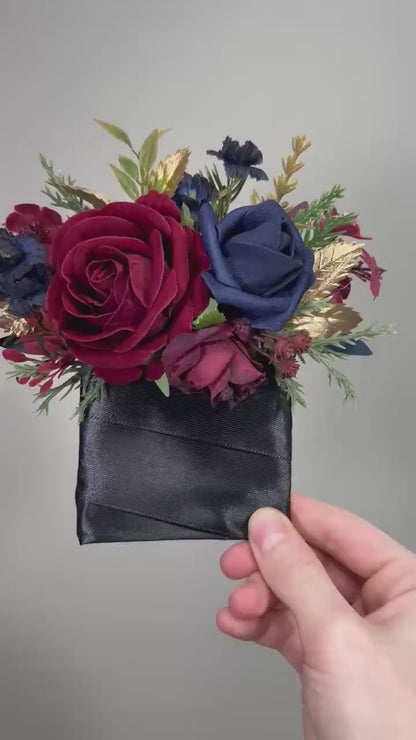 Burgundy Navy Blue Pocket Boutonnière Wedding Winter Square Boutonnière Groom Gold Wine Red Dark Blue Pine Tree Groomsmen Artificial Flower