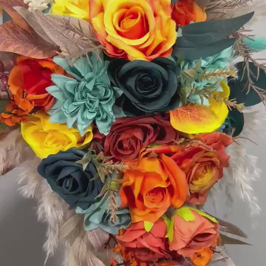 Burnt Orange and Teal Blue Cascading Bridal Bouquet – Boho Fall Wedding Flowers