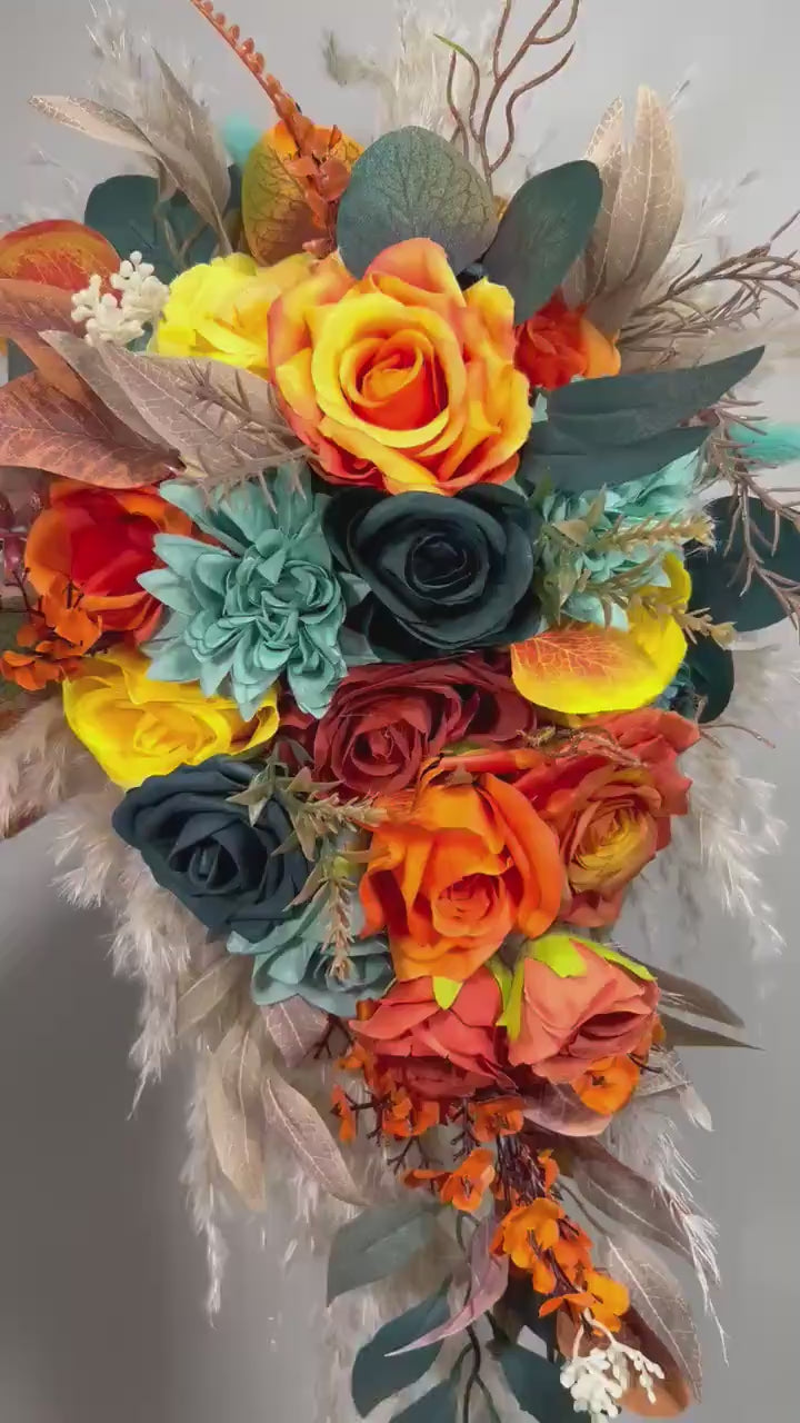 Burnt Orange and Teal Blue Cascading Bridal Bouquet – Boho Fall Wedding Flowers