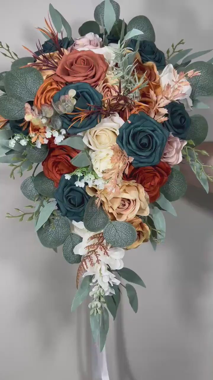 Dark Teal Orange Bouquet Wedding Bridal Cascade Bouquet Rust Teal Dusty Rose Bouquet Dark Teal Terracotta Blush Burnt Orange Eucalyptus