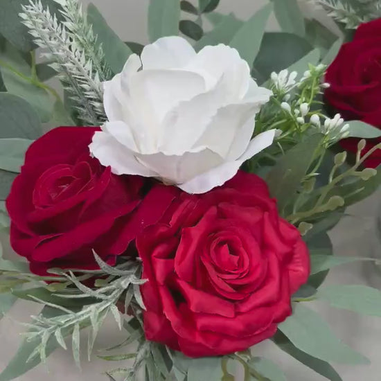 Mini Bouquets for Vases Red Centerpiece 3 Flowers Red White Mini Centerpiece Decor Red Ivory Sage Greenery Eucalyptus