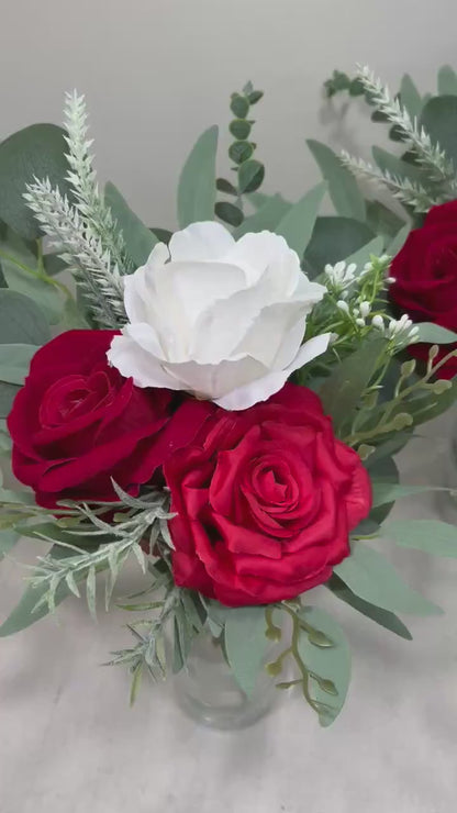 Mini Bouquets for Vases Red Centerpiece 3 Flowers Red White Mini Centerpiece Decor Red Ivory Sage Greenery Eucalyptus