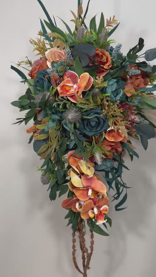 Teal Orange Bouquet Wedding Bridal Cascade Bouquet Terracotta Rustic Dark Teal Rust Orchid Eucalyptus Thistle Burnt Orange Artificial Flower