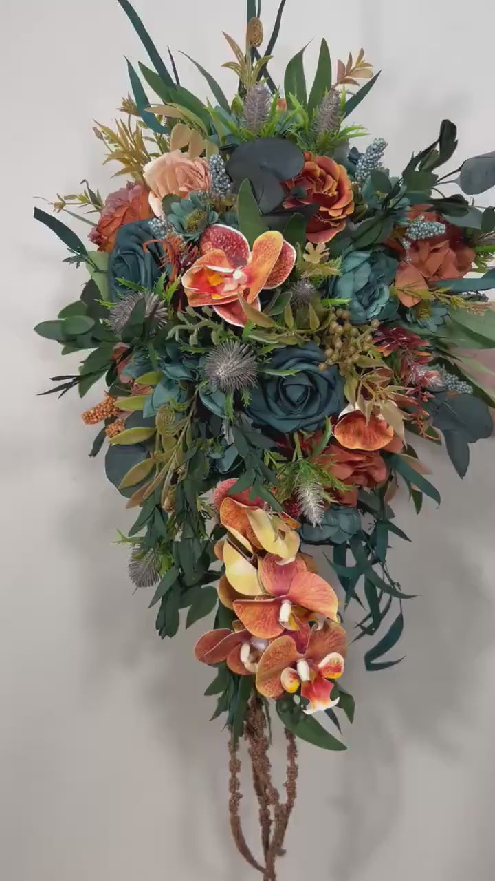 Teal Orange Bouquet Wedding Bridal Cascade Bouquet Terracotta Rustic Dark Teal Rust Orchid Eucalyptus Thistle Burnt Orange Artificial Flower