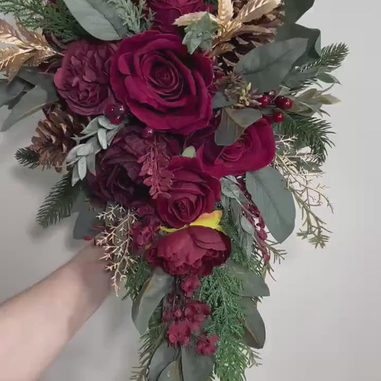 Burgundy Winter Bouquet Wedding Bridal Christmas Cascading Wine Red Rustic Cascade Bridesmaids Maroon Gold Pine Cones Evergreen