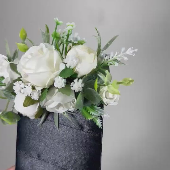 White Pocket Boutonniere Wedding Groom Boutonnière Ivory Square Groomsmen Pocket Boutonniere Sage Eucalyptus Ivory Baby Breath