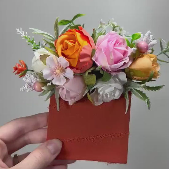 Orange Pocket Boutonniere Wedding Groom Boutonnière Square White Groomsmen Burnt Orange Ivory Boutonniere Pink Artificial Flowers