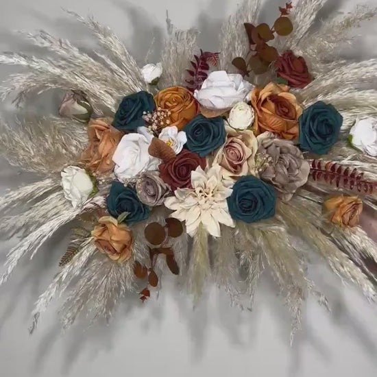 Wedding White Arch Arrangement Dark Teal Arch Terracotta Aisle Arrangement Rust Artificial Flowers Teal Pampas Grass Centerpiece Ivory