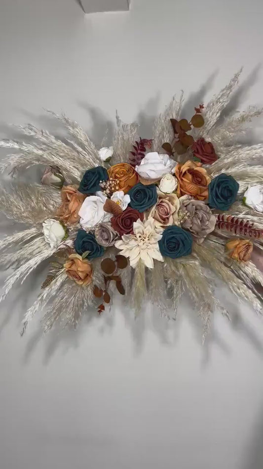Wedding White Arch Arrangement Dark Teal Arch Terracotta Aisle Arrangement Rust Artificial Flowers Teal Pampas Grass Centerpiece Ivory