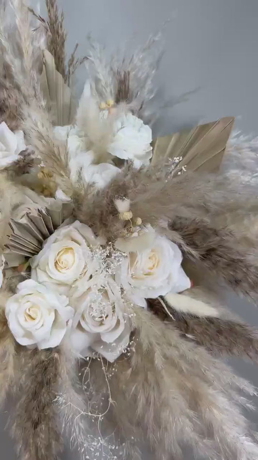 White Bouquet Wedding Boho Bridal Pampas Grass Bouquet White Bridesmaids Ivory Beige Bouquet Palm Leaves Baby Breath Artificial Flowers