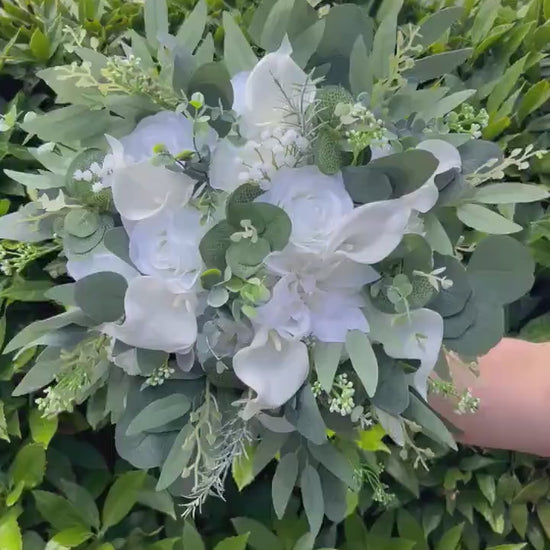 White Calla Lily Bridal Bouquet, White Rose Wedding Bouquet, White Bridesmaids Bouquet, Greenery Eucalyptus Bouquet, Artificial Flowers