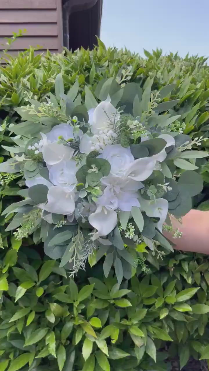 White Calla Lily Bridal Bouquet, White Rose Wedding Bouquet, White Bridesmaids Bouquet, Greenery Eucalyptus Bouquet, Artificial Flowers
