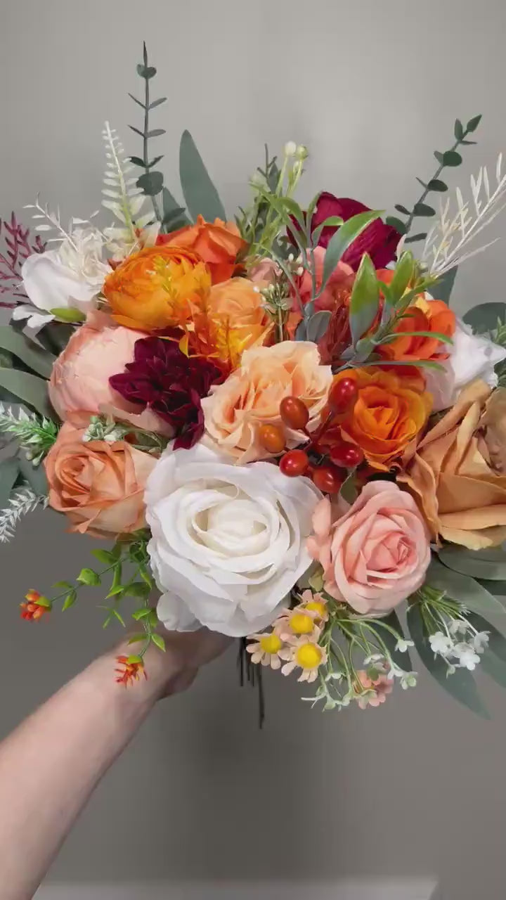 Orange Bouquet Wedding Bridal Peach Wedding White Bridesmaids Bouquet Burnt Orange Ivory Orange Burgundy Eucalyptus Artificial Flower