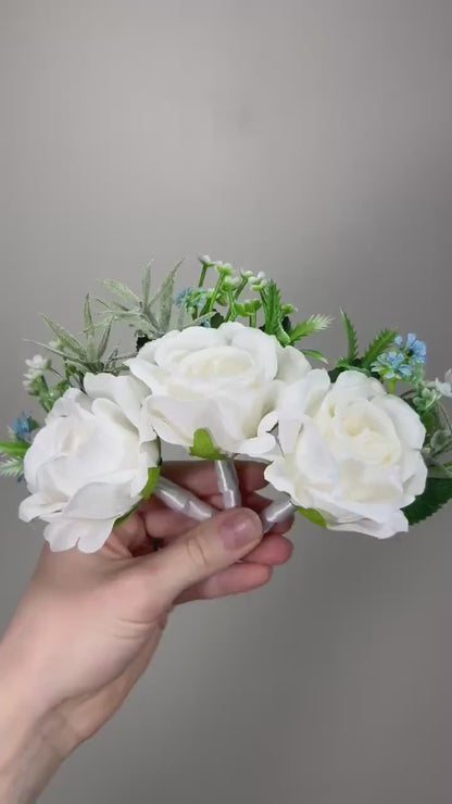 White Boutonniere Wedding Groom Ivory Groomsmen Boutonnière White Artificial Flowers Eucalyptus Blue White Rose Boutonniere Baby Breath Blue