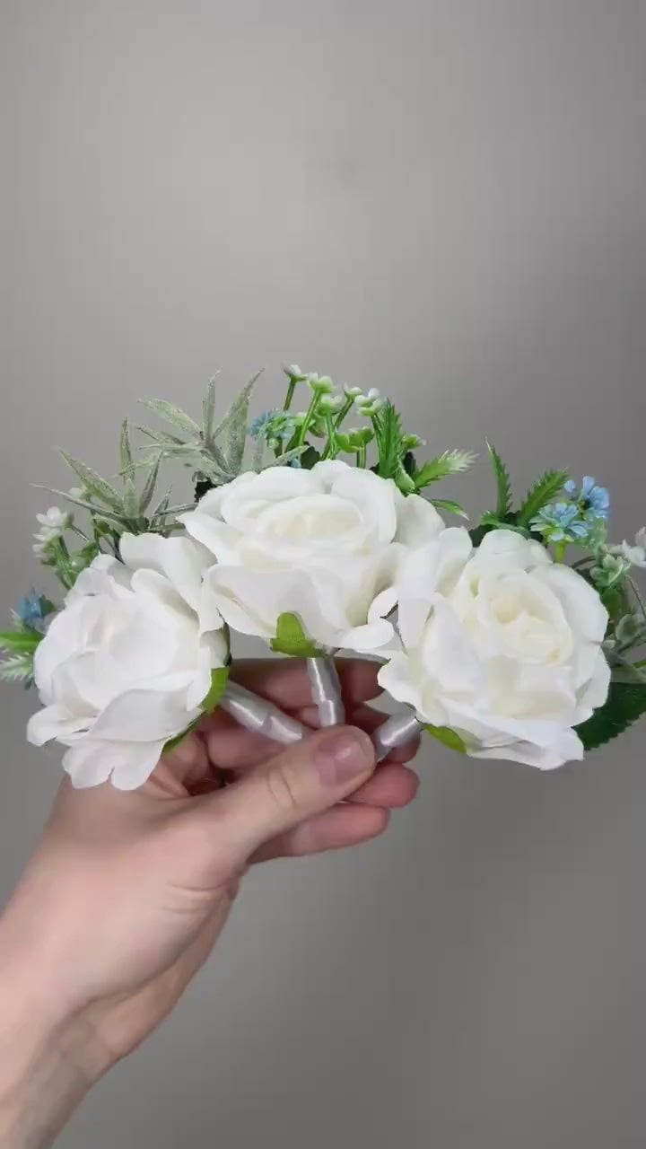 White Boutonniere Wedding Groom Ivory Groomsmen Boutonnière White Artificial Flowers Eucalyptus Blue White Rose Boutonniere Baby Breath Blue