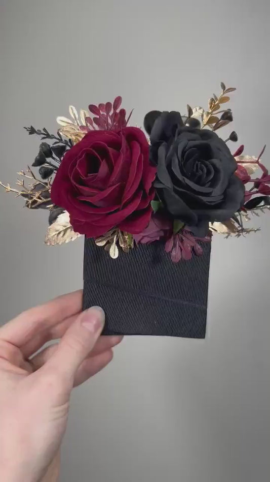 Black Burgundy Pocket Boutonniere Wedding Black Gold Burgundy Square Boutonniere Groom Burgundy Black Gold Pocket Boutonniere Groomsmen