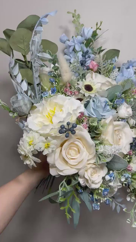 Wedding Bouquet Dusty Blue Bridal Rustic Wedding White Bouquet Wild Flower Dusty Rose Light Blue Sky Eucalyptus Flower Ivory Artificial