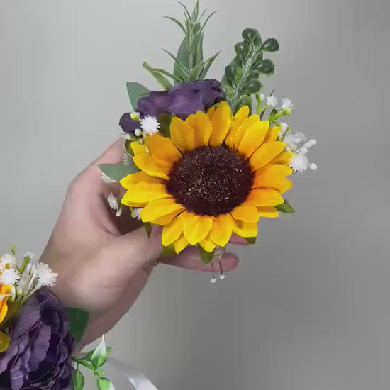 Sunflower Corsage Wedding Purple Wrist Corsage Yellow Sunflower Plum Baby Breath Bridesmaids Corsage Mom White Fall Sunflower Eucalyptus