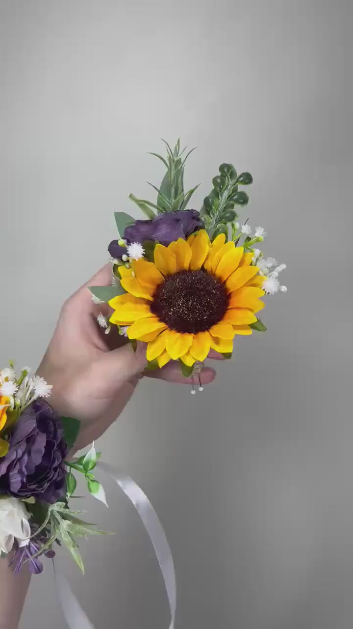 Sunflower Corsage Wedding Purple Wrist Corsage Yellow Sunflower Plum Baby Breath Bridesmaids Corsage Mom White Fall Sunflower Eucalyptus